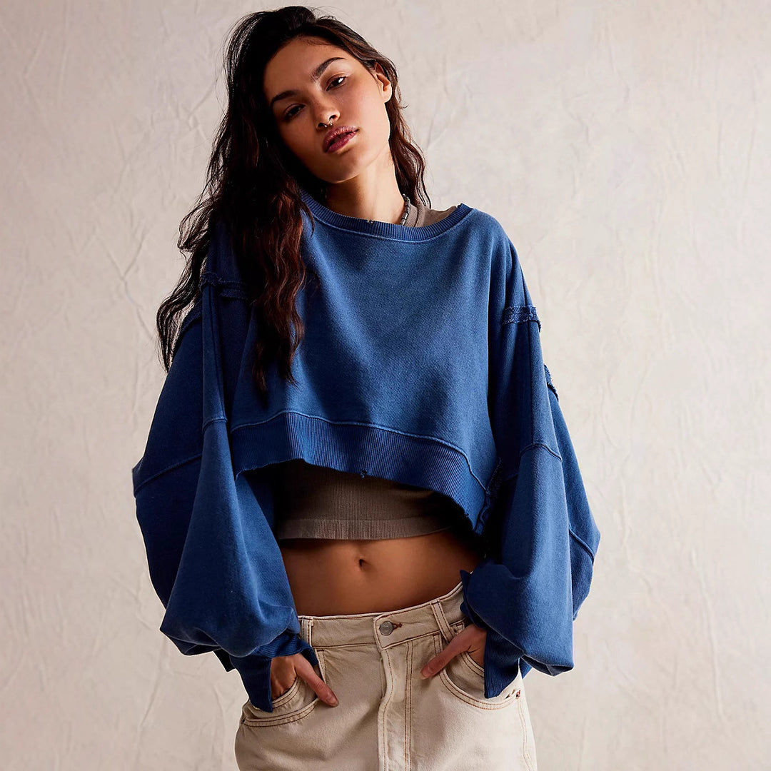 Damer casual avkortet sweatshirt med brede ermer og forseggjorte hemfinsher Skjora
