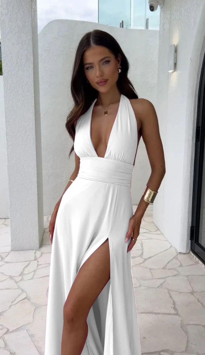 Kvinne Halter Maxi Kjole med Høy Slits og Fitted Snitt