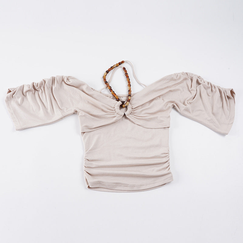 Dame Off-Shoulder Top med voluminøse ermer og dekorativ knute Skjora