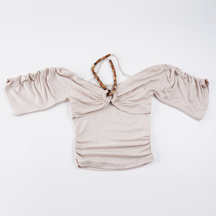 Dame Off-Shoulder Top med voluminøse ermer og dekorativ knute Skjora