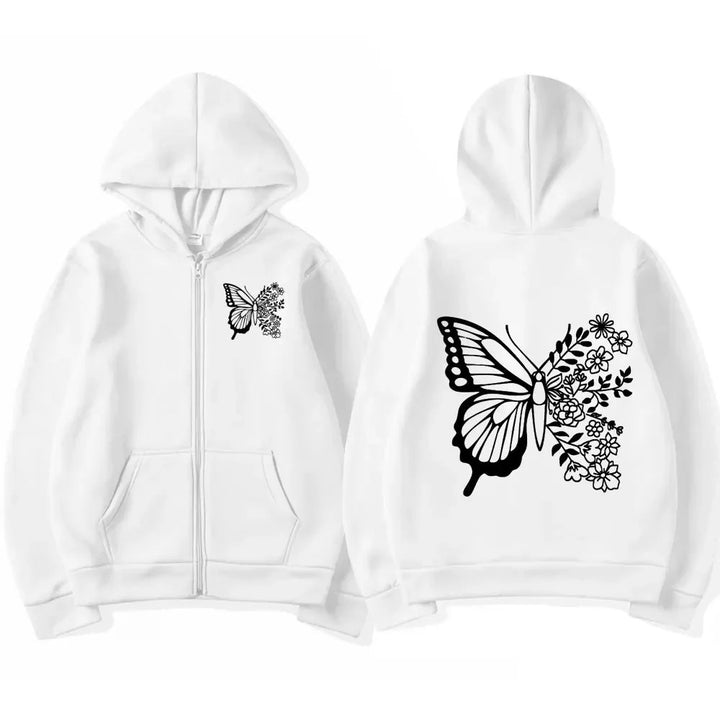 Dame hoodie med blomster sommerfuglmotiv og praktisk kengurulomme Skjora