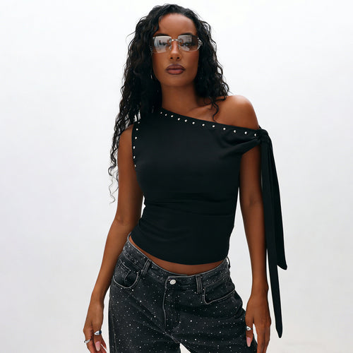 Damer Elegant One-Shoulder Top med dekorative steiner Skjora