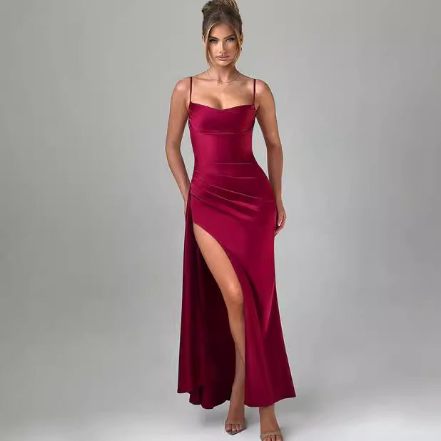 Damer Elegant Maxi Kjole med Side Splitt og Smale Spagetti Stropper