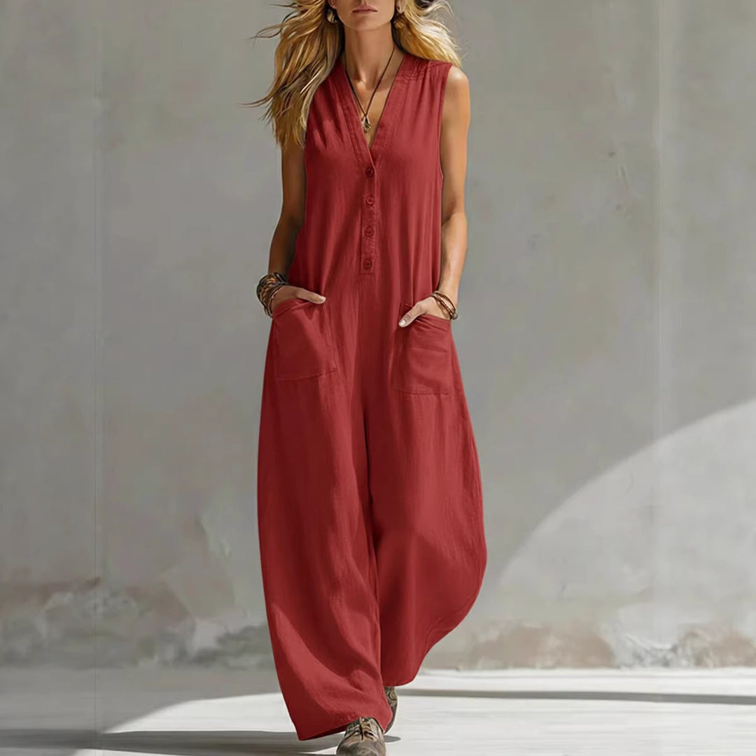 Dame jumpsuit med dyp V-halsing og praktiske lommer Skjora