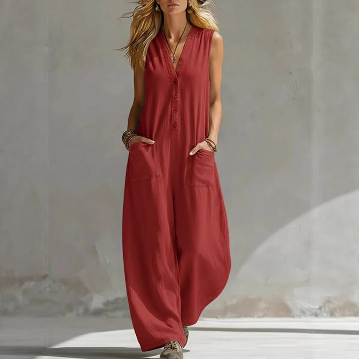 Dame jumpsuit med dyp V-halsing og praktiske lommer Skjora