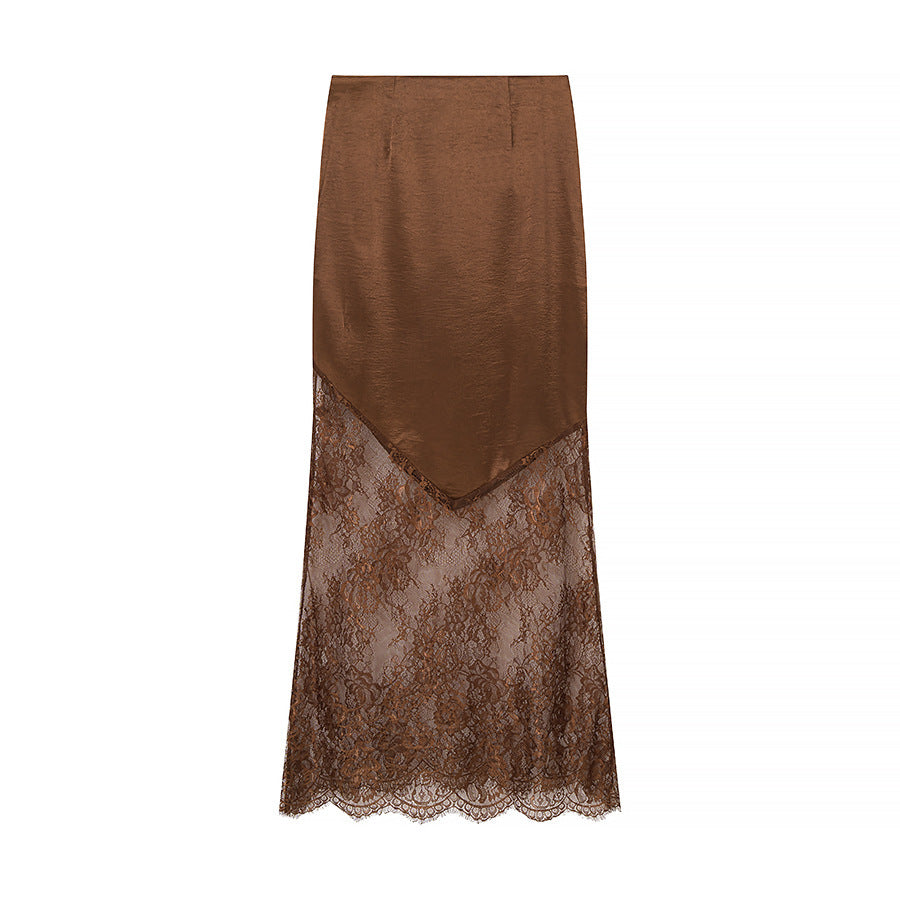 Kvinnens elegante maxi skjørt med transparent blonder og stilfull sateng topp Skjora