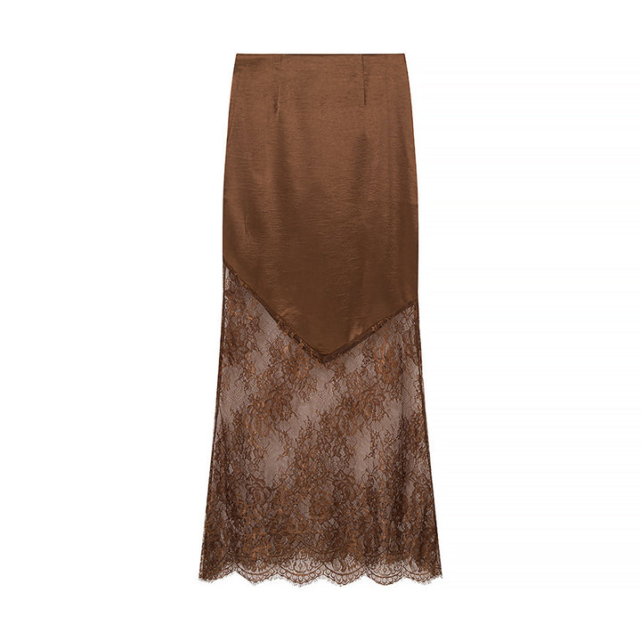 Kvinnens elegante maxi skjørt med transparent blonder og stilfull sateng topp Skjora