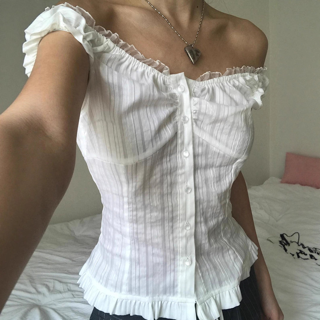 Damer Off-Shoulder Bluse med volangkant og knappdetaljer Skjora