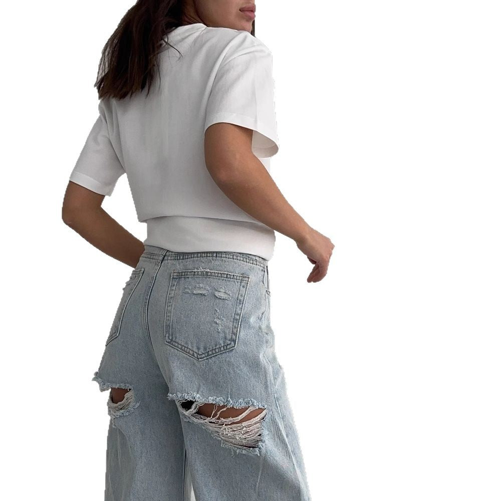 Kvinne Boyfriend Jeans med trendy Ødelagte Elementer Skjora