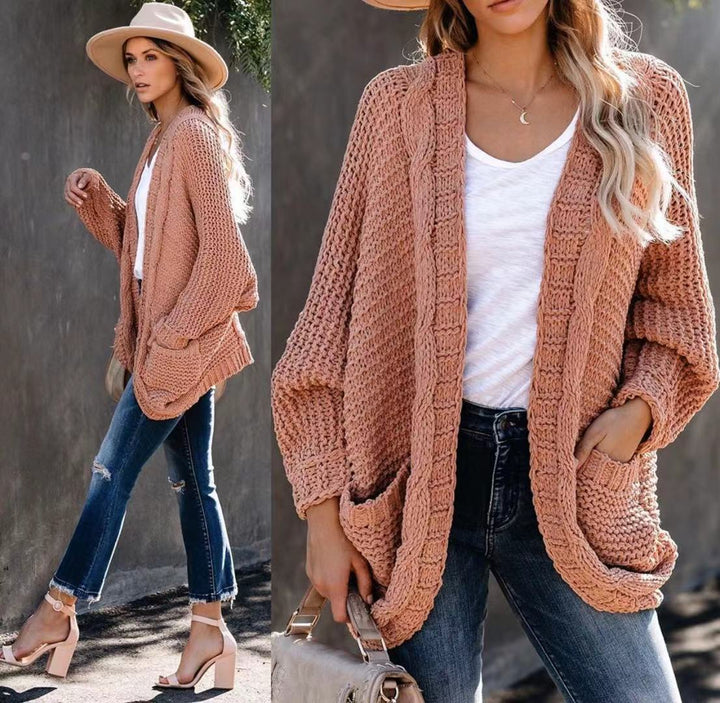 Kvinnes chunky strikk cardigan med uformelle lommer og voluminøse ermer Skjora