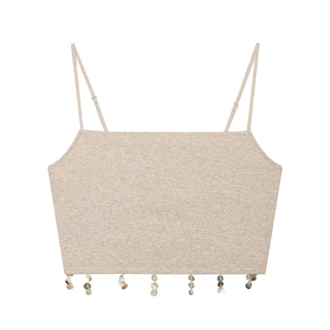 Dame Crop-Top med glitrende paljetter og smale stropper Skjora