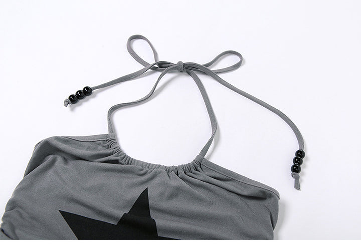 Dame trendy Crop-Top med bindebånd og stjernemotiv Skjora