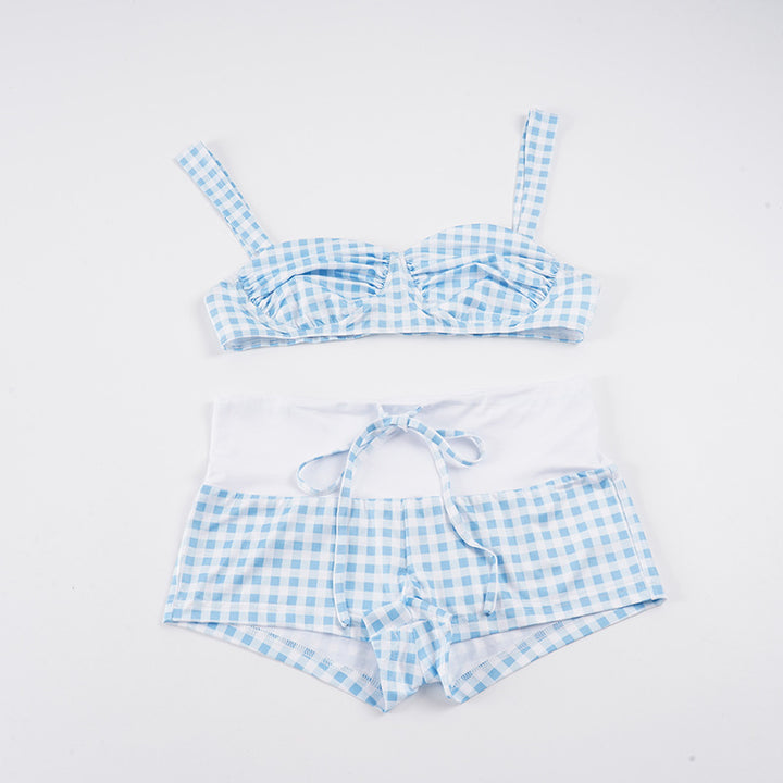 Dame Badetøy Sett med rutete topp og høy midje shorts Skjora