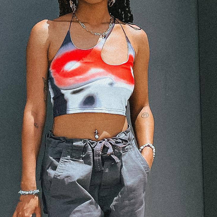 Dame Crop-Top med asymmetrisk stroppdesign og livlig grafisk trykk Skjora