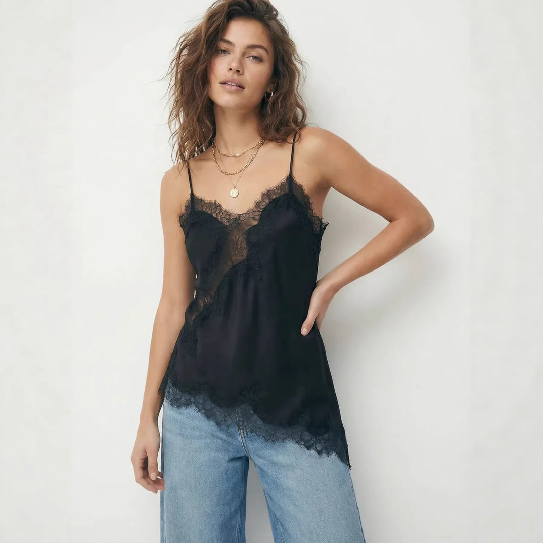 Women's Satin Top with Elegant Pointed Neckline and Spaghetti Straps Skjora