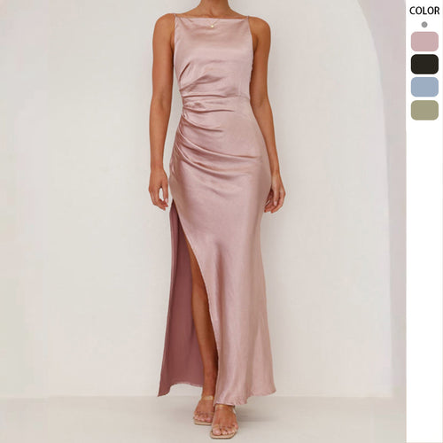 Kvinnelig Elegant Satin Maxi Kjole med Side Splitt og Slanke Spagettistropper