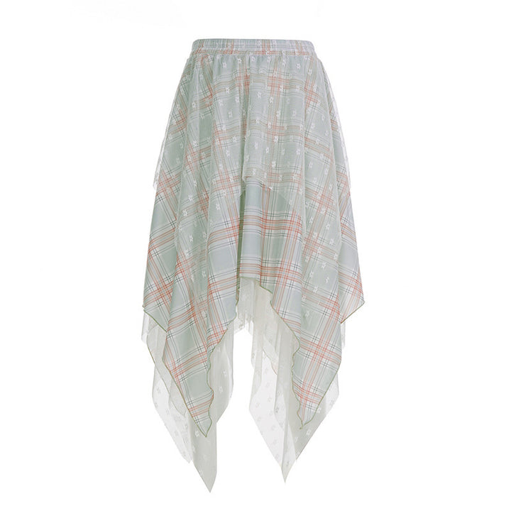 Damer Asymmetrisk Plissé skjørt med transparent chiffonoverlegg og rutete design Skjora