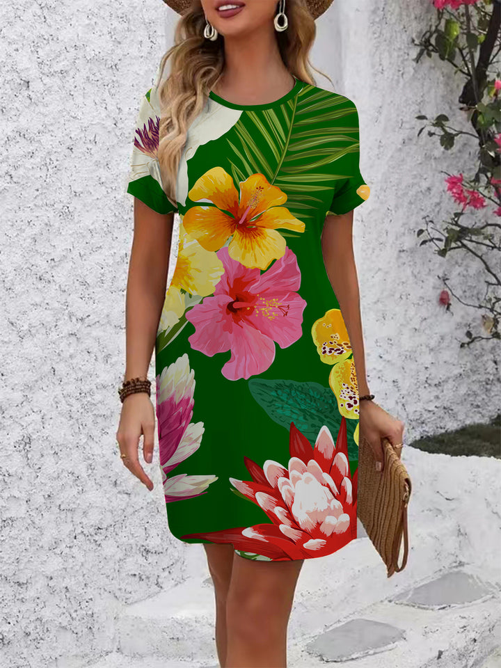Dame uformell T-skjortekjole med fargerikt blomsterdesign og behagelig passform Skjora