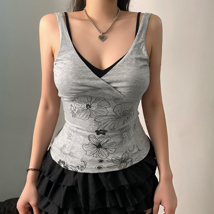 Dame Crop-Top med blomsterdesign og spaghetti-stropper Skjora