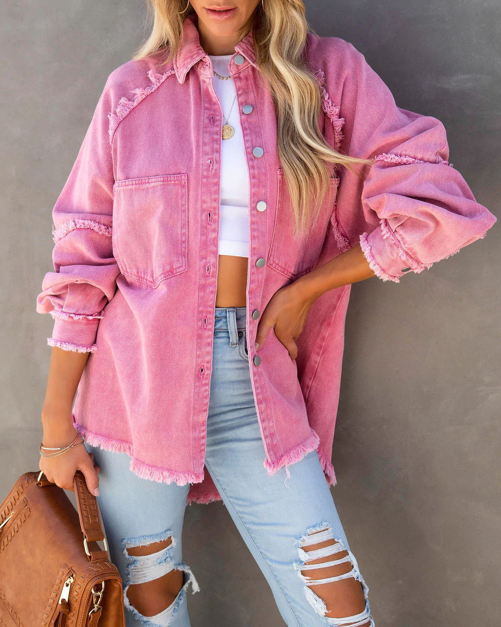 Damer Oversized Denim Skjortejakke med Råkant Detalj Skjora