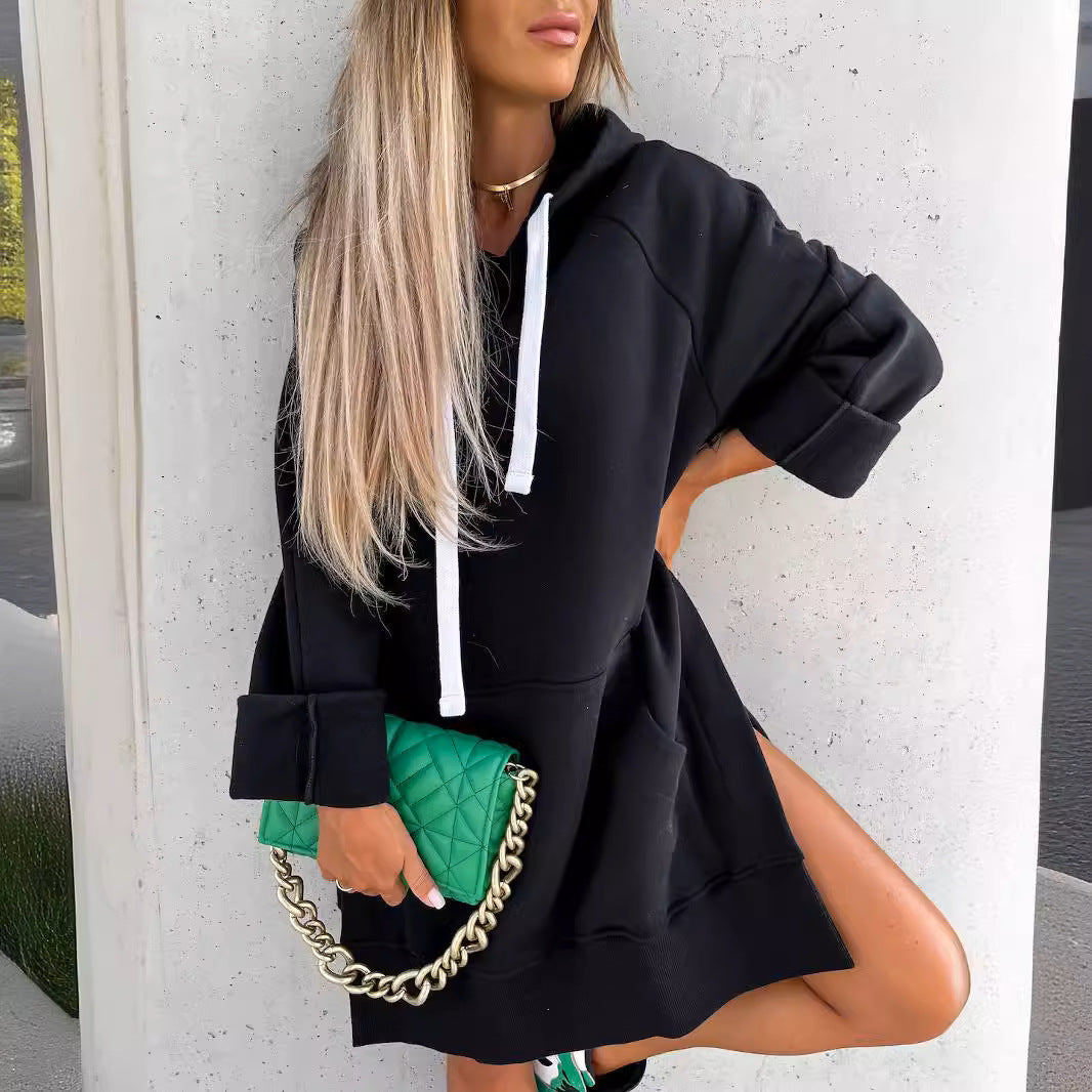 Kvinne hoodie kjole med hette og sidespalter Skjora