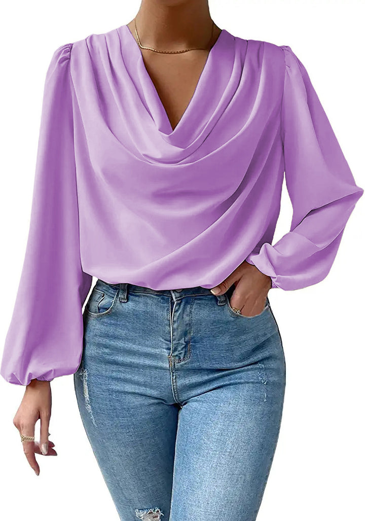 Damer Elegant Langarm-bluse med drapering og vid passform Skjora