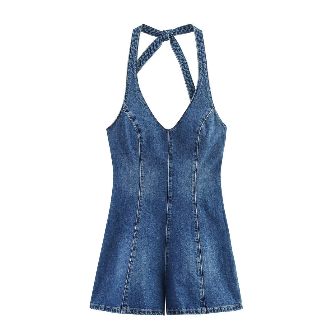 Dame jumpsuit laget av denim med kryssbånd Skjora