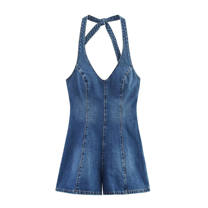 Dame jumpsuit laget av denim med kryssbånd Skjora