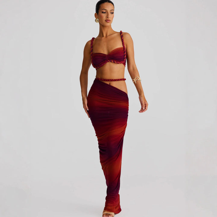 Dame Sett med crop Top og lang volang skjørt Skjora
