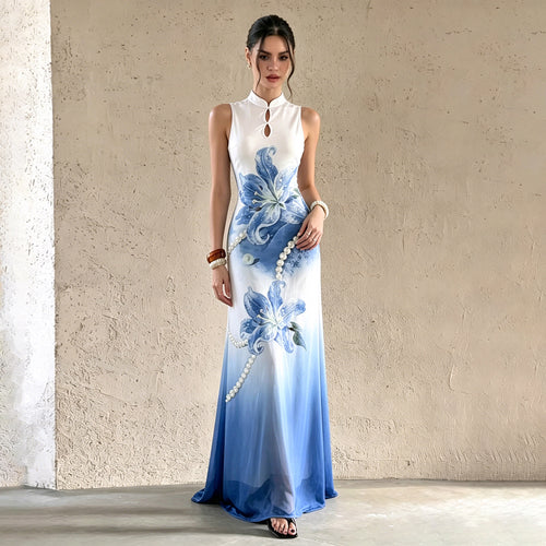 Dame Maxi-kjole med florale aksenter og elegant rund halslinning Skjora