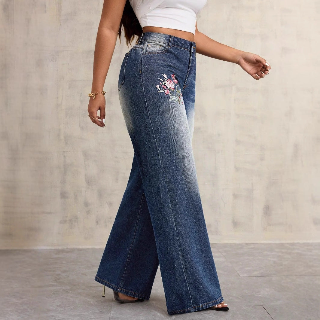 Kvinne bred denim jeans med blomsterbroderi Skjora