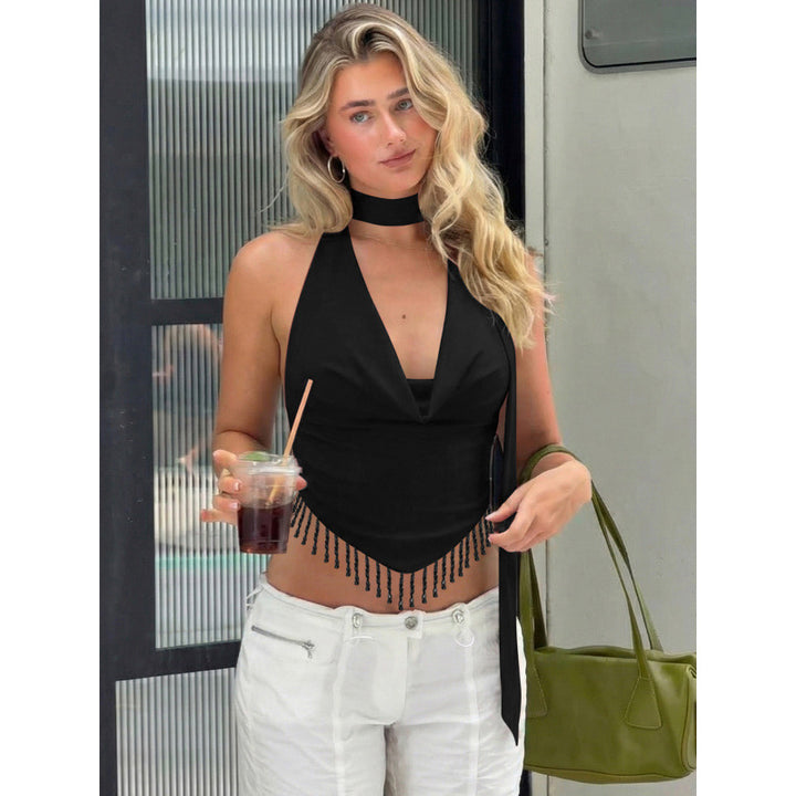 Dame Chic Cropped Top med glitrende detaljer og åpen ryggutskjæring Skjora