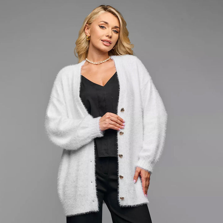 Dames Oversized Cardigan med Hjerteknapper og Mykt Materiale Skjora