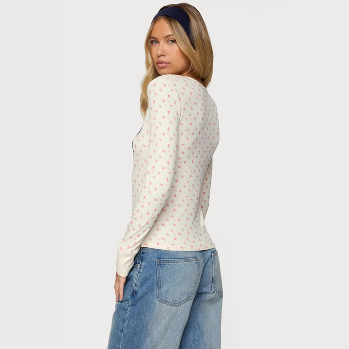 Dame Langermet T-skjorte med blomsterprint og sporty trykk Skjora