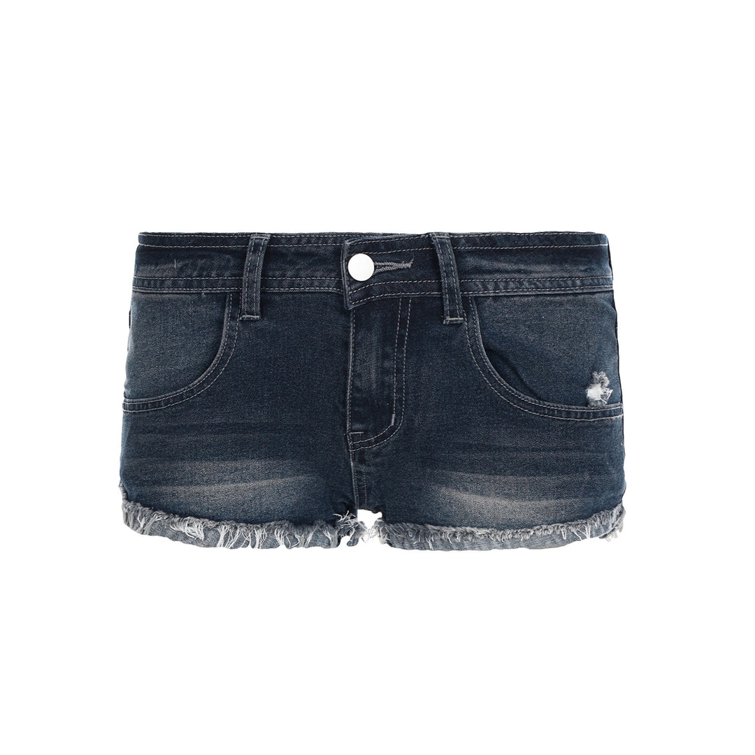 Dame denim-shorts med frynset kant skjorte