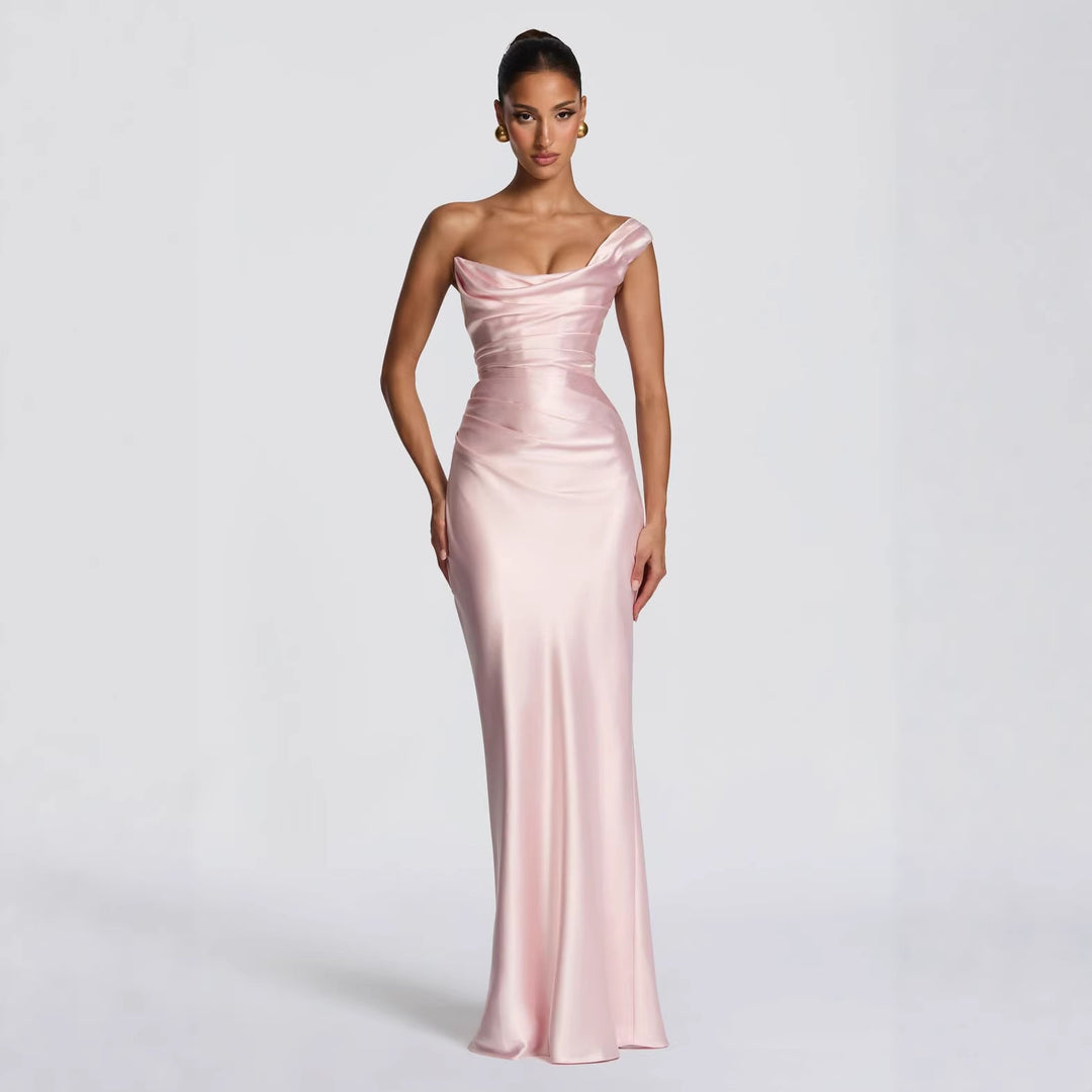 Damer Elegant Satin Lang Kveldskjole med asymmetrisk snitt og figurskinnende design Skjora