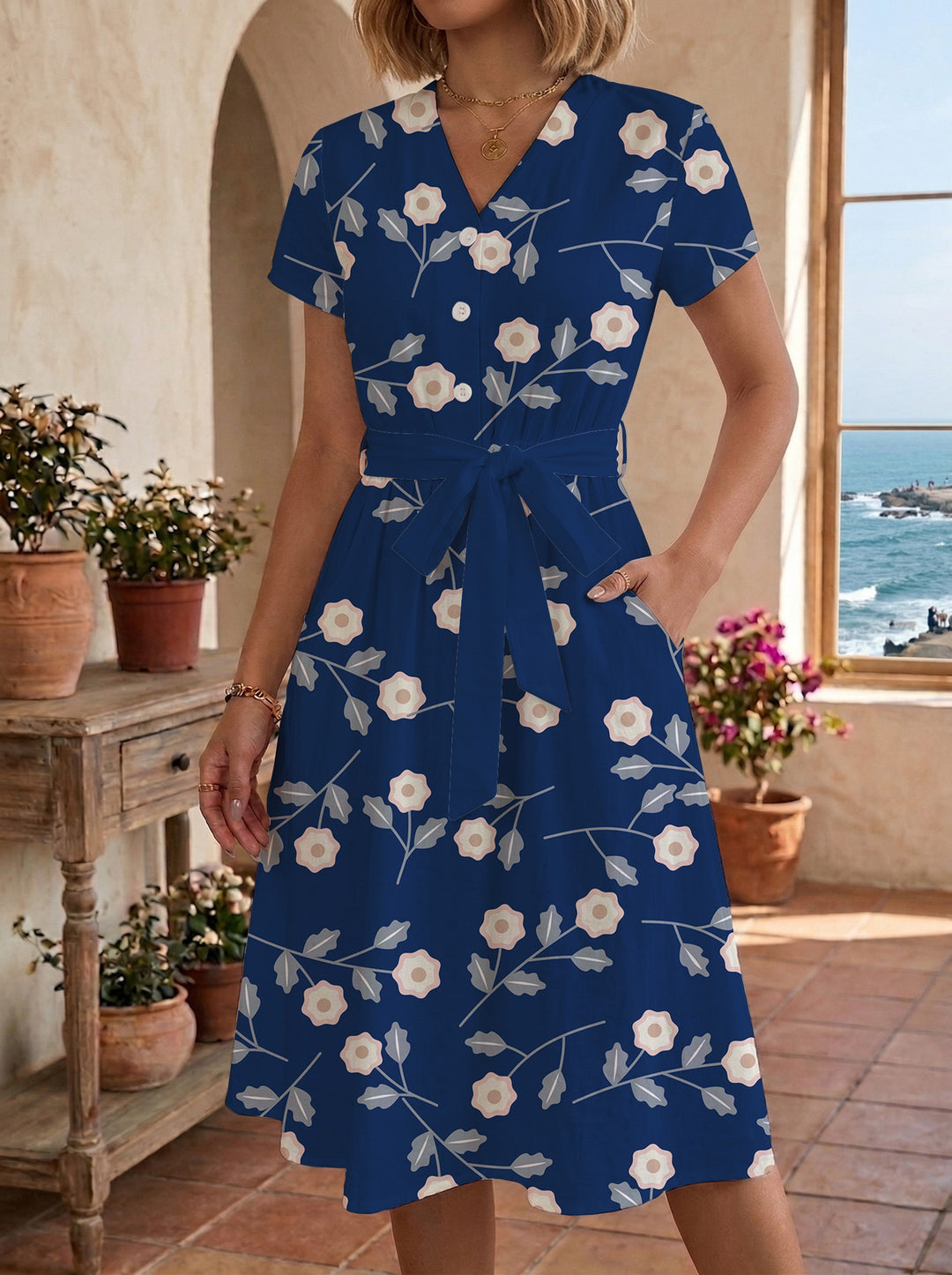 Damen Midikleid mit floralem Muster und Taillengürtel Skjora
