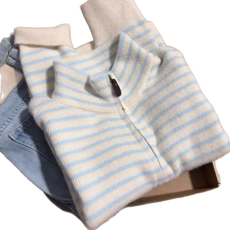 Kvinners ¼-zip quiltet genser med fin stripe tekstur Skjora