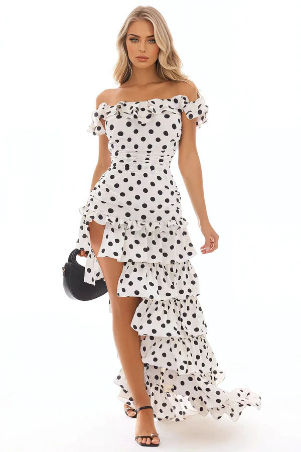 Dame Off-Shoulder Maxikjole med Volanger og spennende Slitt Skjora
