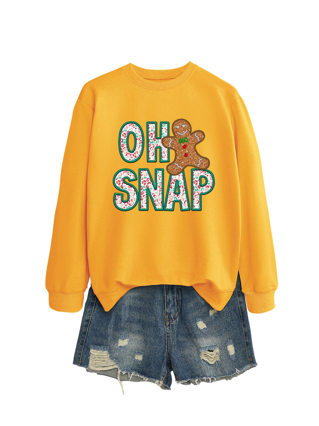 Dame sweatshirt med morsomt pepperkakemannmotiv og glitrende bokstaver Skjora