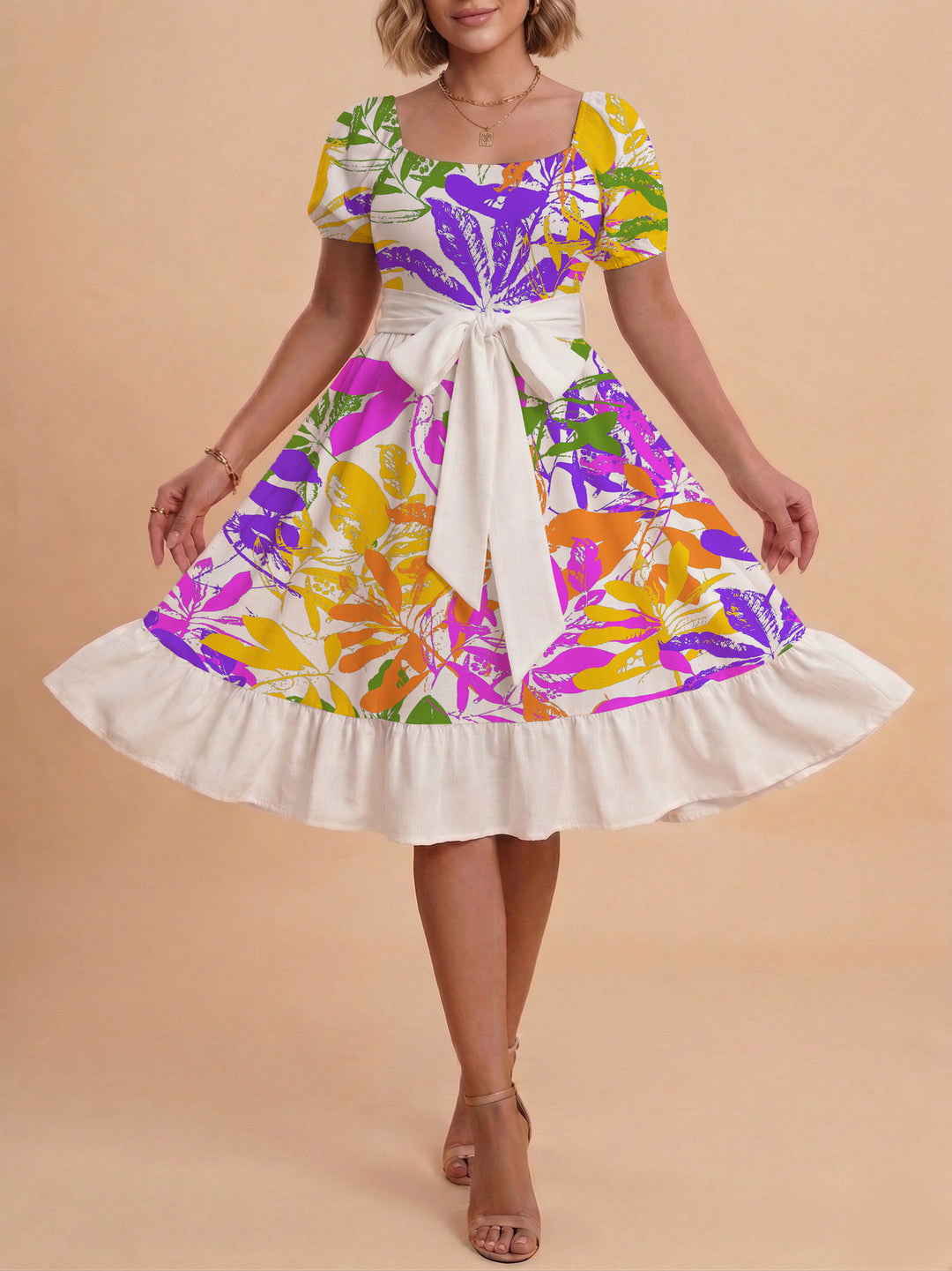 Damen modernes Blumenkleid mit elegantem Taillengürtel und asymmetrischem Saum Skjora