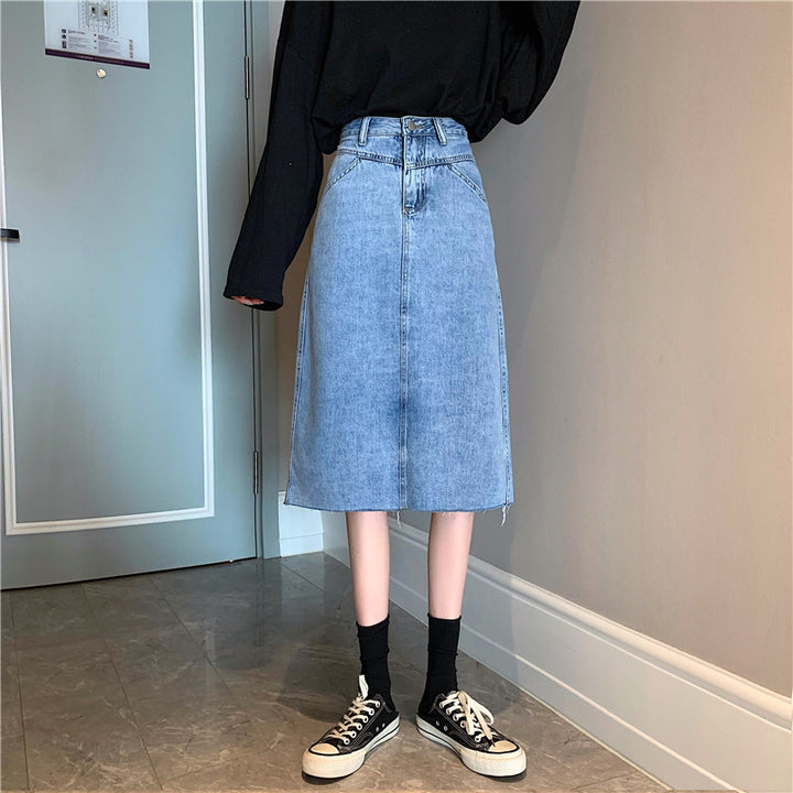 Damer Midi Denim skjørt med ujevn kant Skjora