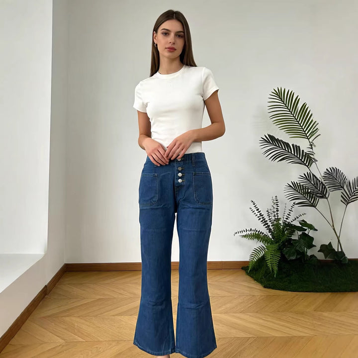 Dame Bootcut-jeans med høy midje og knappelukking Skjora