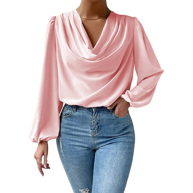 Damer Elegant Langarm-bluse med drapering og vid passform Skjora