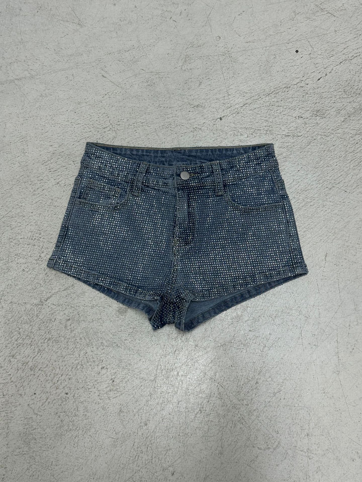 Damer Glitrende Denim-shorts med dekorative strasssteiner Skjora