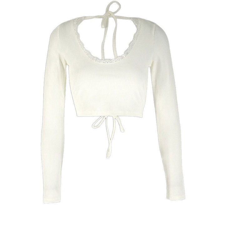 Dame Crop-Top med volangdetaljer og ryggbinding Skjora