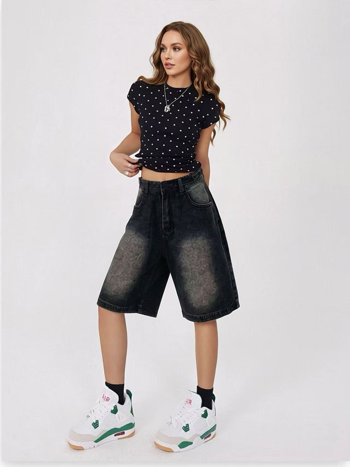 Dame casual denimshorts med høy midje og bred passform Skjora