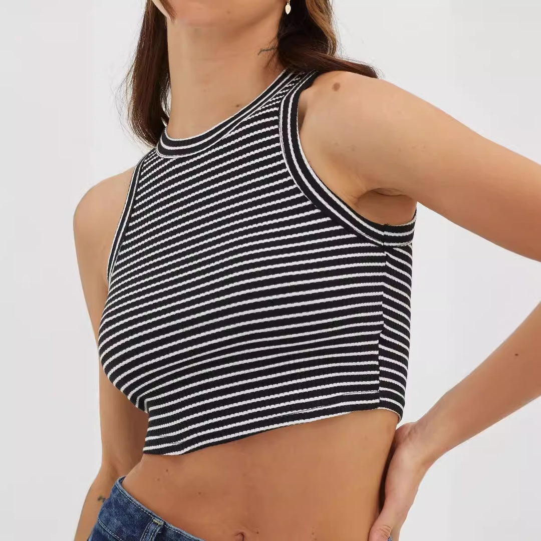 Dame cropped Tanktop med fashionable stripe mønster og høy krage Skjora