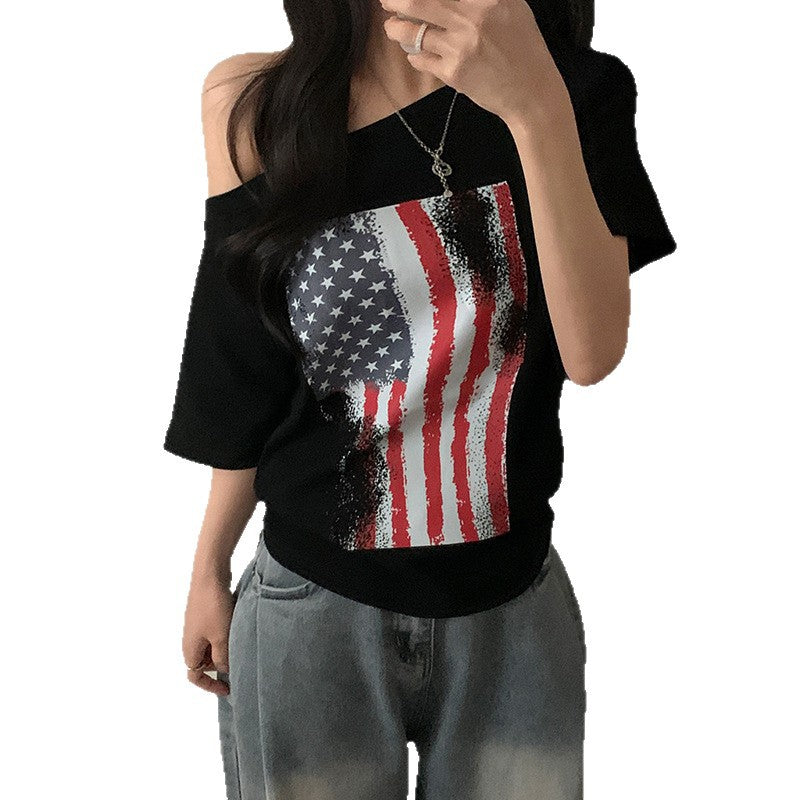 Dame casual T-skjorte med amerikansk flaggdesign og mykt bomullsmateriale Skjora