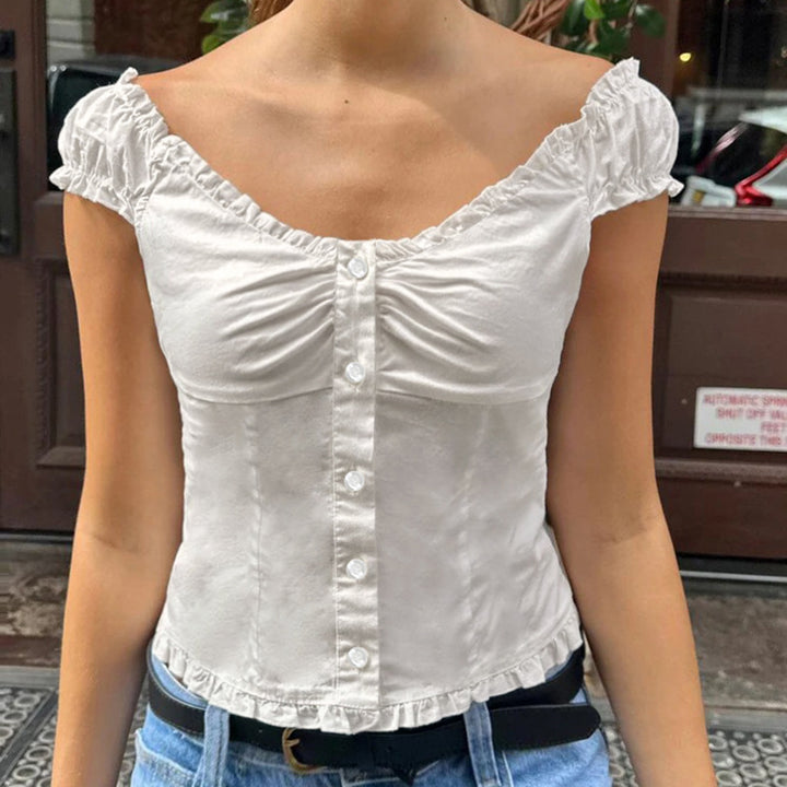 Dame Crop-top med volanger og knappdetaljer Skjora